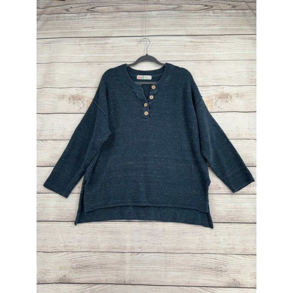 Free People Beach Henley Sweater Womens S Blue Cotton Waffle Knit High-Low